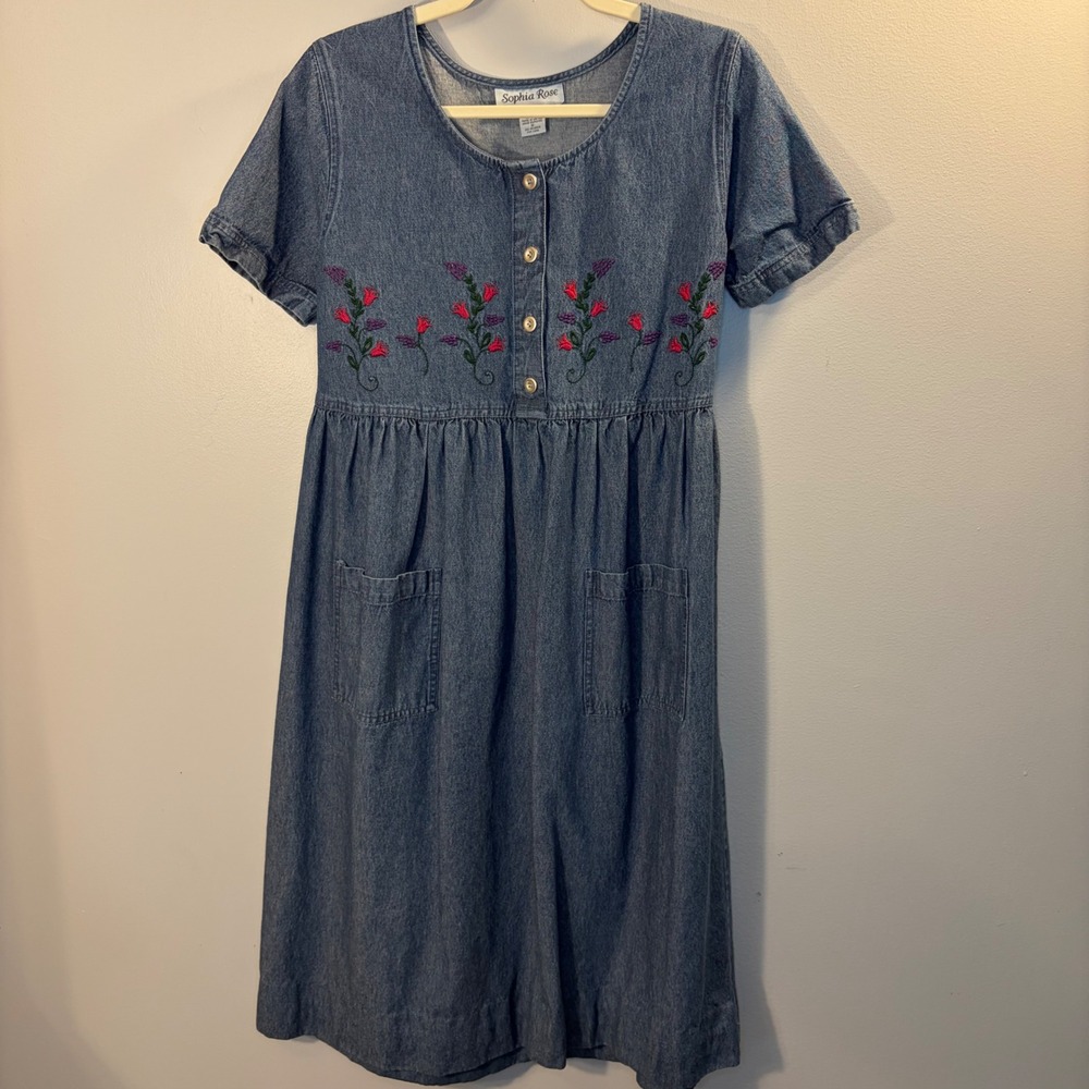 Sophia Rose Denim Midi Dress Floral Embroidered Prairie Indie Vintage Women 10